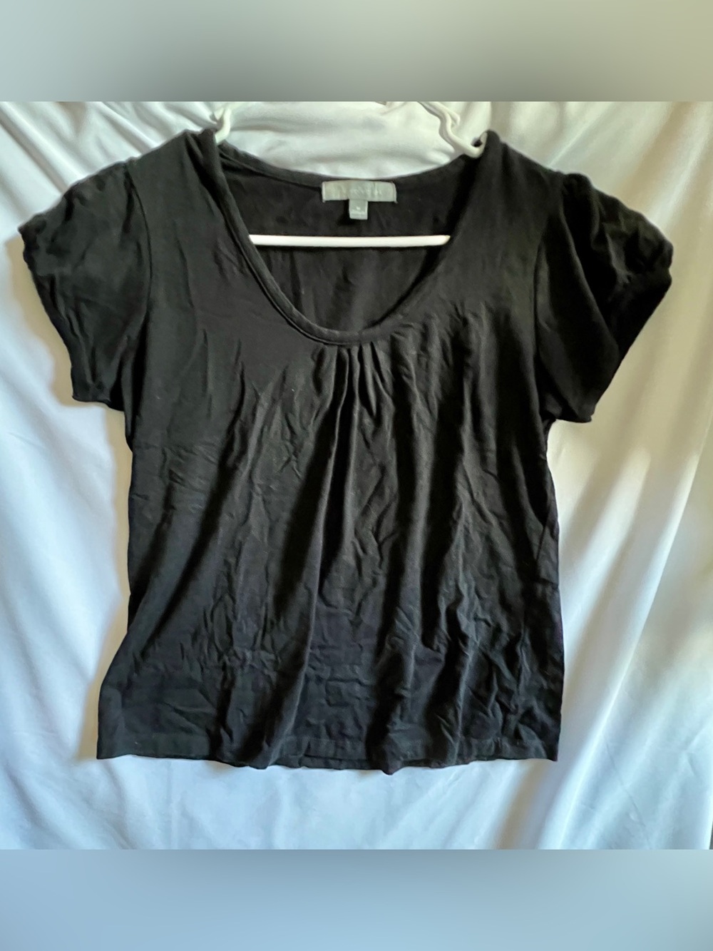 Black Scoop Neck Pleated Front T-Shirt Puff Short Sleeve Top Medium